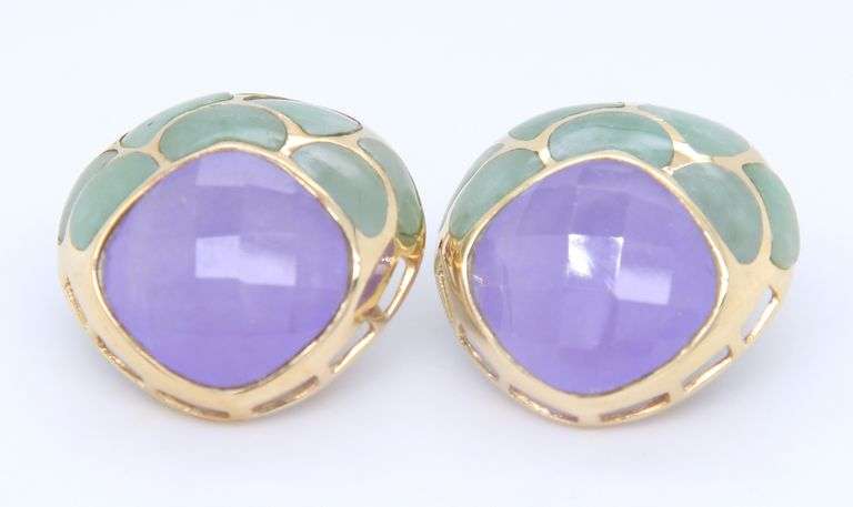 Stunning Yellow Gold Lavender and Green Jade Fancy Earrings