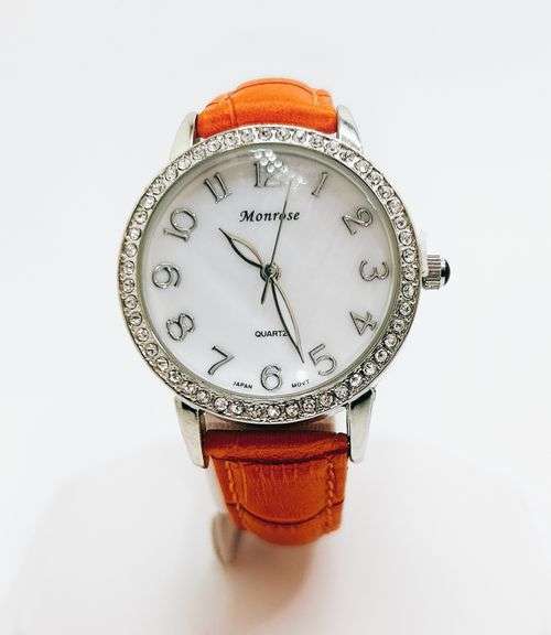 Beautiful Mother of Pearl & Gemstone Watch-Orange Genuine Leather Band