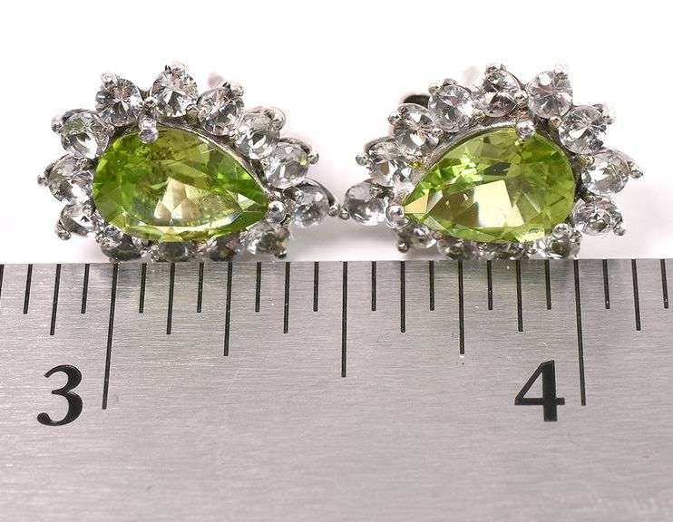 Green Gemstone And CZ Earrings In Sterling Silver