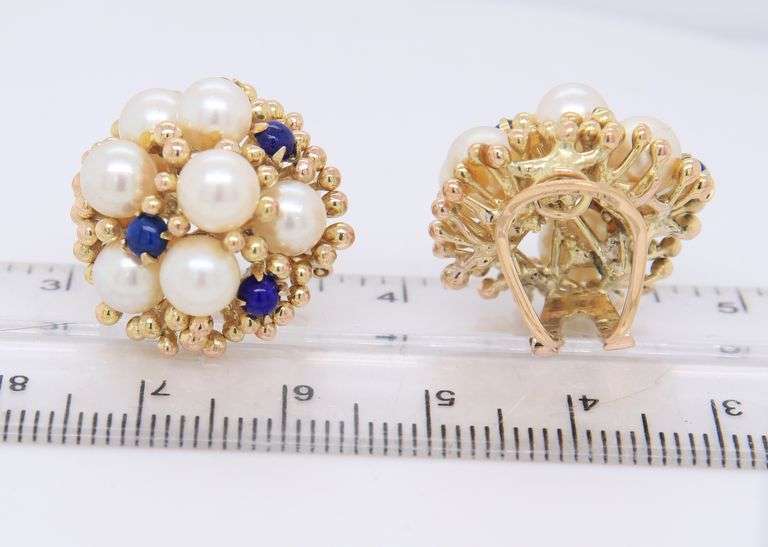 Wonderful Yellow Gold Pearl and Lapis Cluster Earrings
