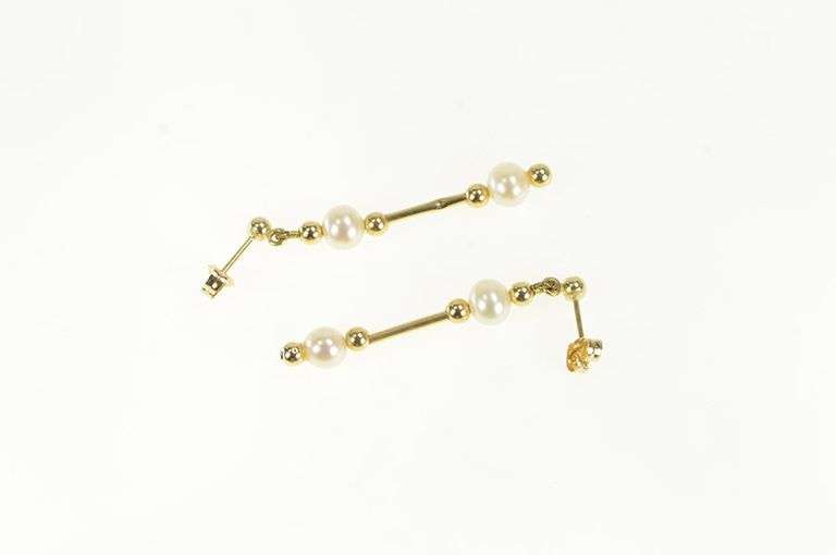 14K Yellow Gold Pearl Beaded Vintage Bar Dangle Chain Earrings