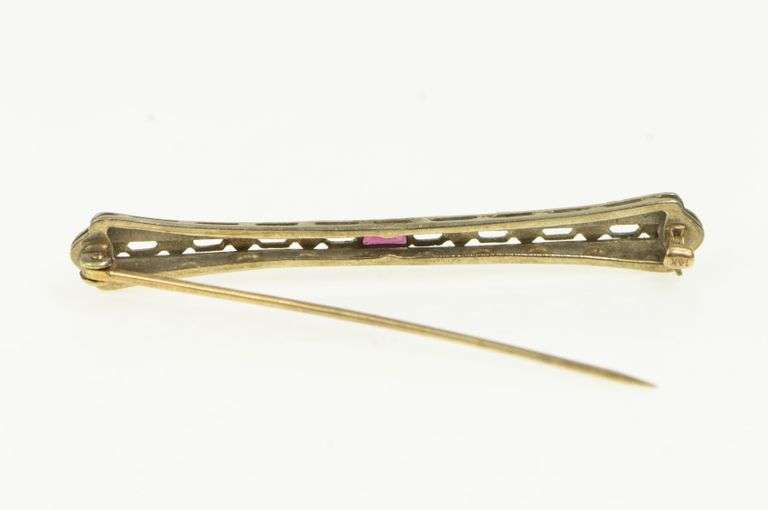 14K White Gold Art Deco Ruby Filigree Ornate Antique Bar Pin/Brooch