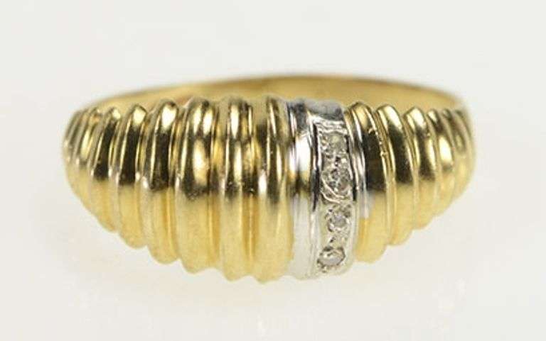 14K Yellow Gold Grooved Diamond Vintage Domed Statement Ring
