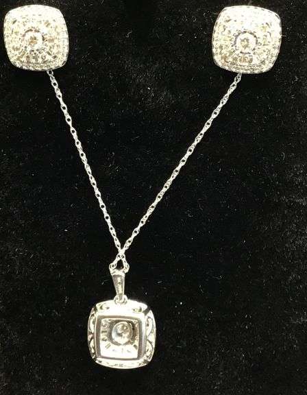 TIMELESS 10K WHITE GOLD MULTI DIAMOND CUSHION PENDANT NECKLACE AND STUD EARRINGS SET