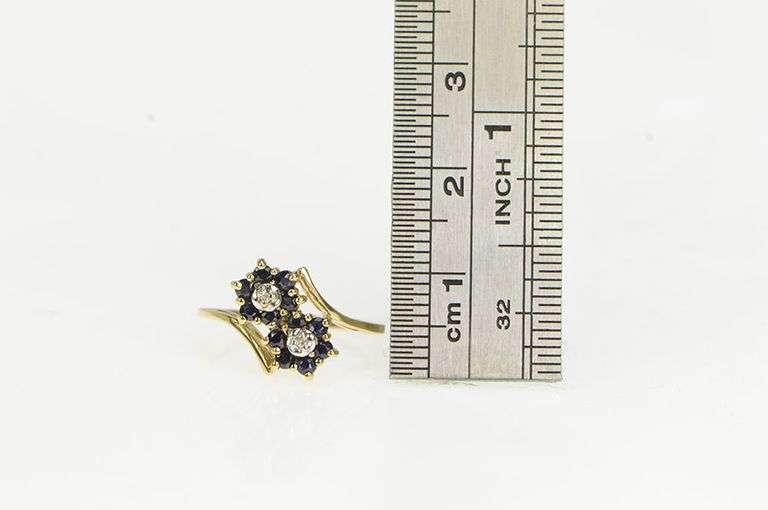 10K Yellow Gold Diamond Sapphire Flower Cluster Bypass Ring