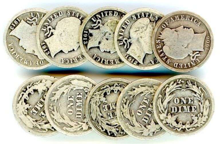 10 Assorted Barber Silver Dimes
