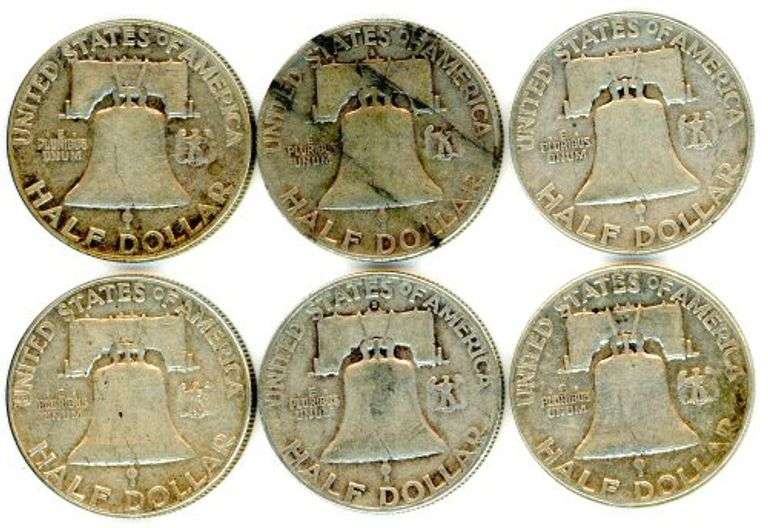 6 Different Silver Franklin Half Dollars