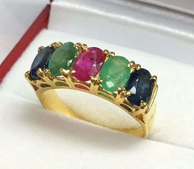 NATURAL RUBY, EMERALD, & BLUE SAPPHIRE GEMSTONE RING- 14KT SOLID YELLOW GOLD