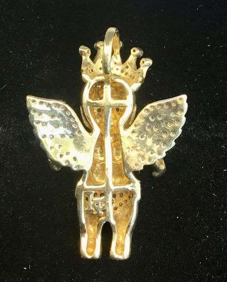 GORGEOUS 10K YELLOW GOLD CROWNED ANGEL PENDANT