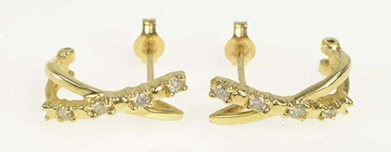 10K Yellow Gold X Criss Cross Diamond Semi Hoop Curved Earrings