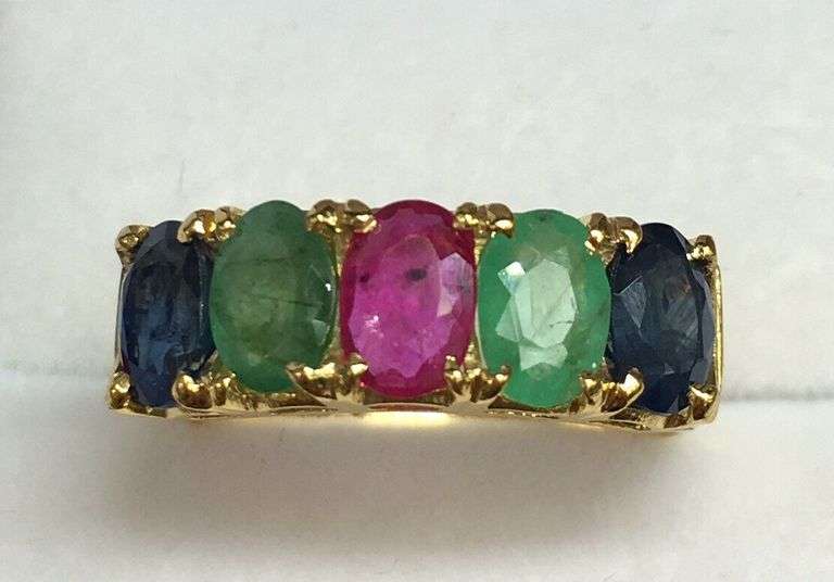 NATURAL RUBY, EMERALD, & BLUE SAPPHIRE GEMSTONE RING- 14KT SOLID YELLOW GOLD