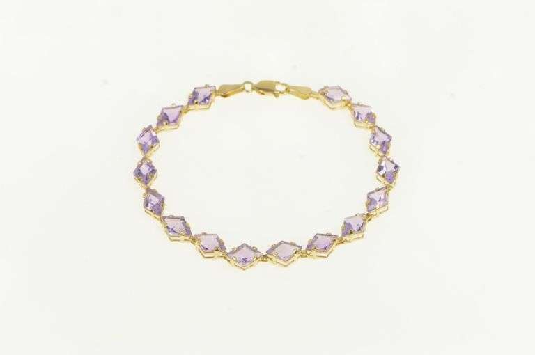 14K Yellow Gold Retro Lozenge Cut Amethyst Vintage Tennis Bracelet