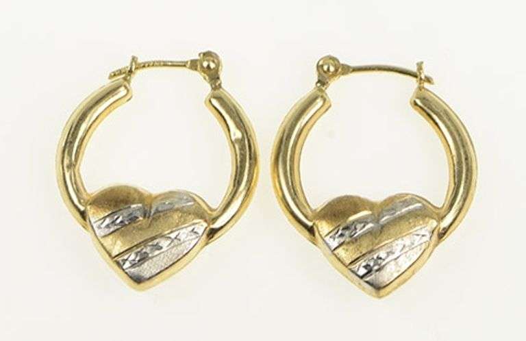 10K Yellow Gold Striped Puffy Heart Statement Hoop Earrings
