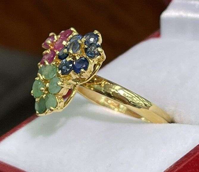 14KT SOLID YELLOW GOLD, RUBY, EMERALD, & BLUE SAPPHIRE RING!