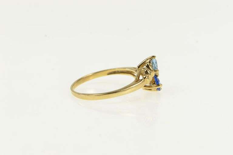 10K Yellow Gold Heart Blue Topaz Syn. Sapphire Bypass Ring