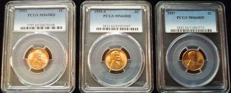 (3) Gem BU Lincoln Cents 1952P-1955S-1957P PCGS MS 65/66/66 Red!