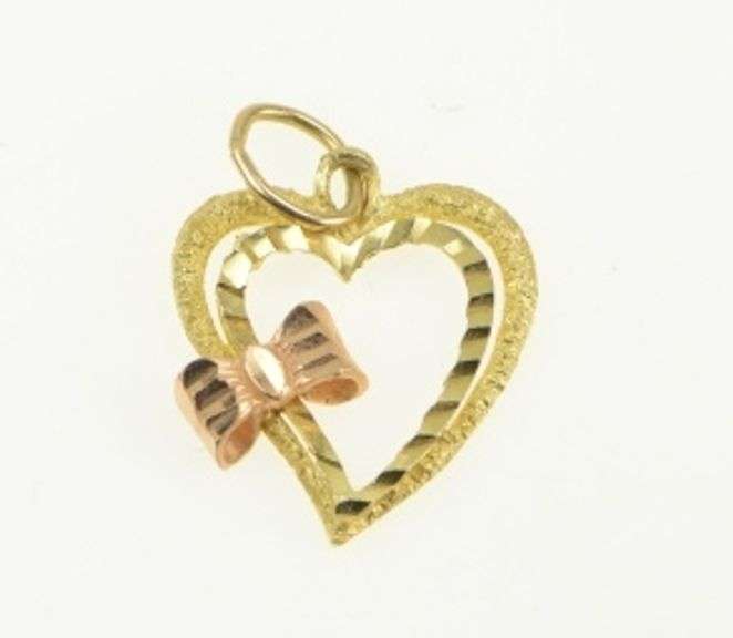 14K Yellow Gold Two Tone Bow Heart Love Symbol Valentine Charm/Pendant