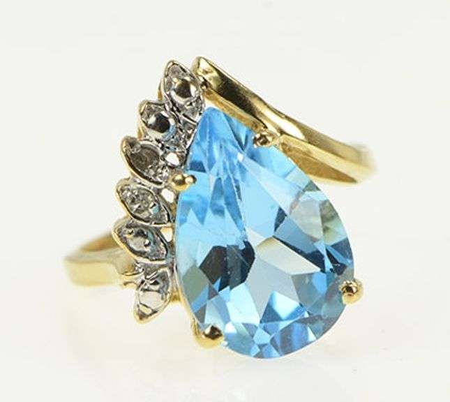10K Yellow Gold Pear Blue Topaz Diamond Accent Cocktail Ring