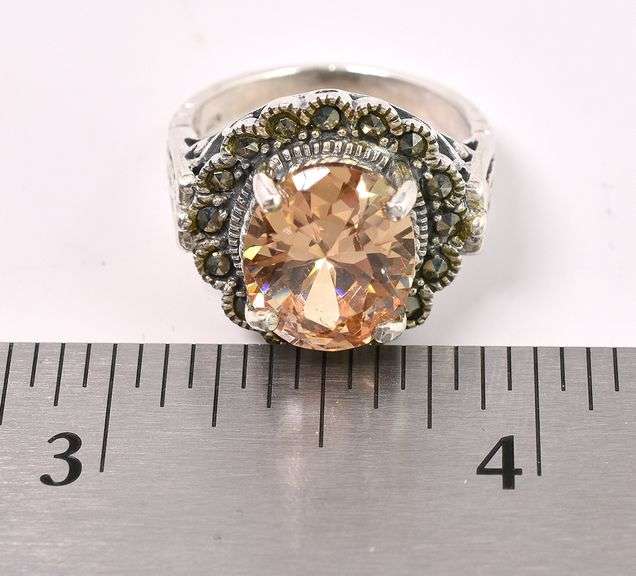 Yellow CZ And Marcasite Gem Ring In Sterling Silver