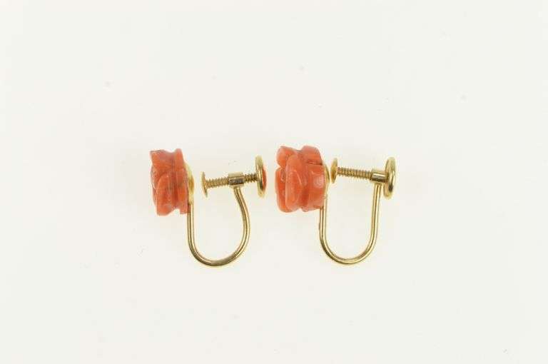 14K Yellow Gold Carved Coral Rose Flower Vintage Screw Back Earrings