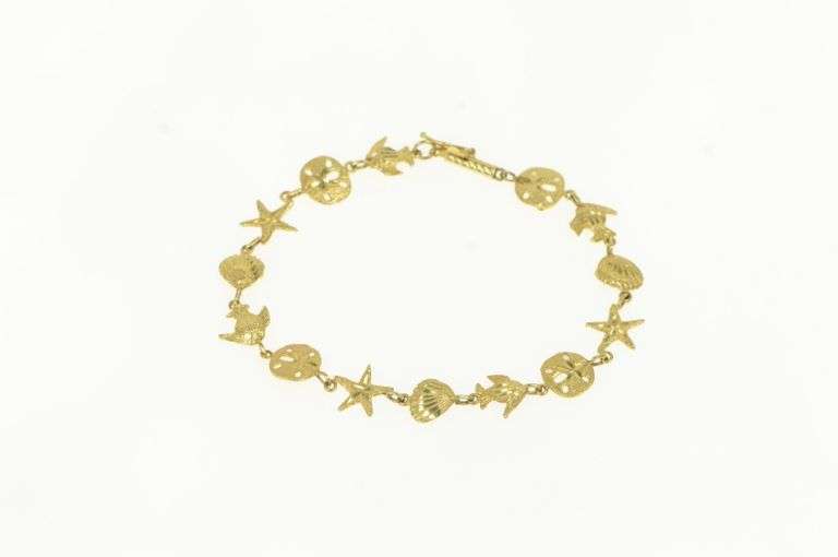 14K Yellow Gold Ornate Sea Shell Beach Ocean Motif Fish Bracelet