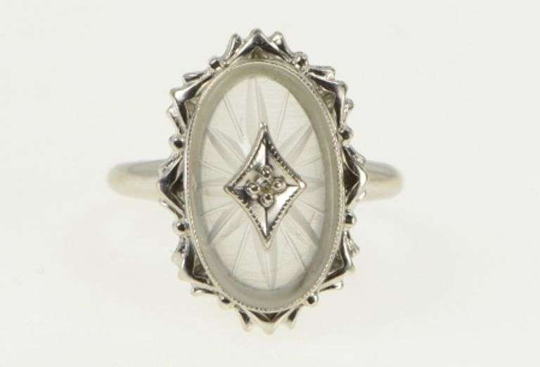 10K White Gold Oval Camphor Glass Diamond Filigree Ornate Ring