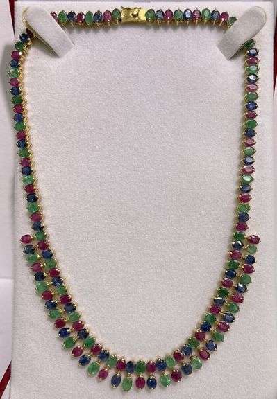 53.0+CARAT NATURAL RUBY, EMERALD, & BLUE SAPPHIRE NECKLACE IN 14KT SOLID YELLOW GOLD