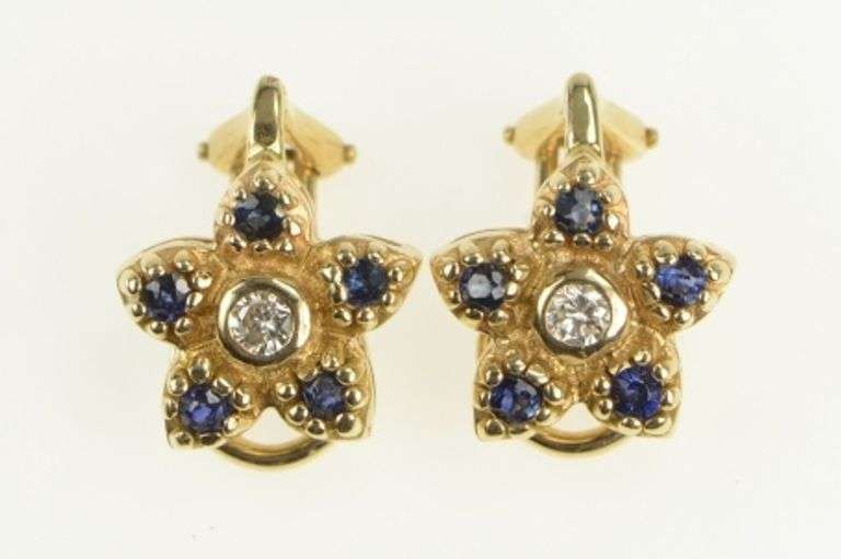14K Yellow Gold Sapphire Flower Diamond Clip Back Ornate Earrings