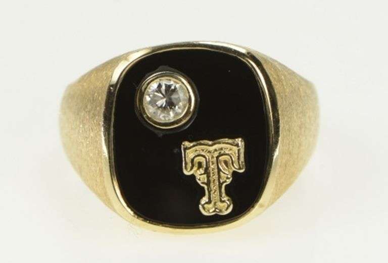 14K Yellow Gold T Monogram Diamond Black Onyx Men's Ring