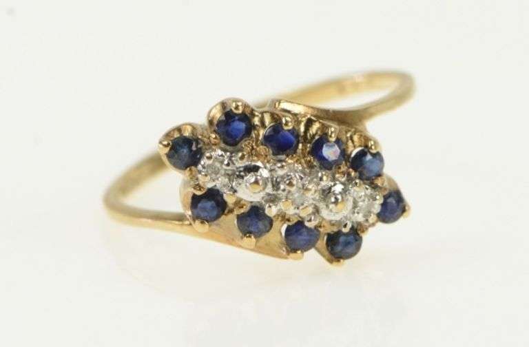 10K Yellow Gold Diamond Sapphire Halo Vintage Cluster Ring