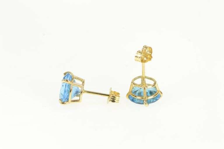14K Yellow Gold Round Blue Topaz Classic Vintage Stud Earrings