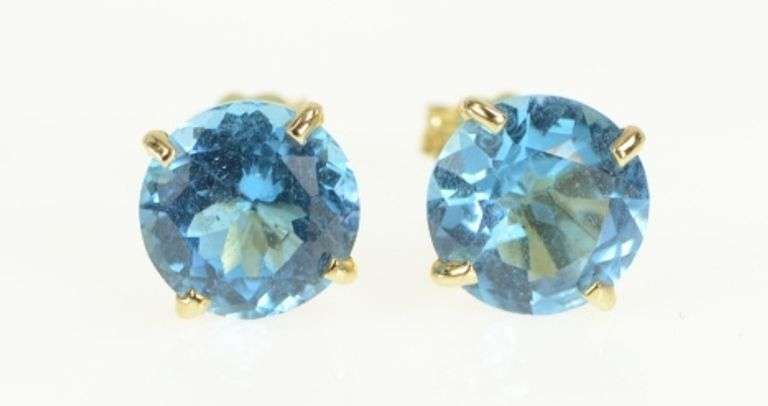 14K Yellow Gold Round Blue Topaz Classic Vintage Stud Earrings