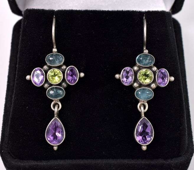 Multi-Gem Dangle Earrings In Sterling Silver