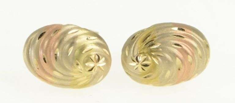 14K Yellow Gold Tri Tone Oval Twist Spiral Vintage Stud Earrings