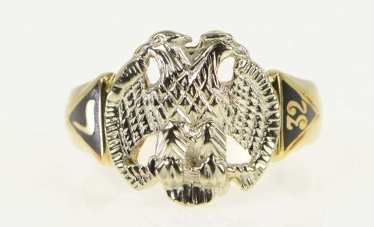 10K White Gold Masonic Eagle Symbol Enamel Vintage Men's Ring