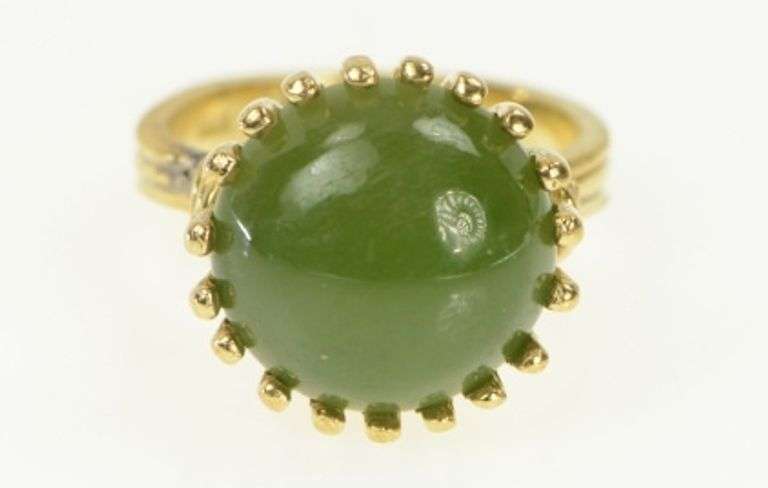 14K Yellow Gold Round Nephrite Cabochon 1960's Statement Ring