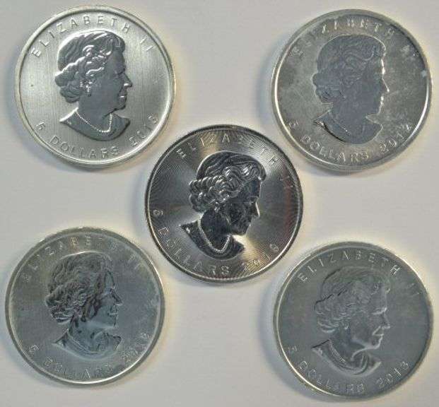 5 Assorted pure .999 fine silver 1 oz Canada Maple Leafs
