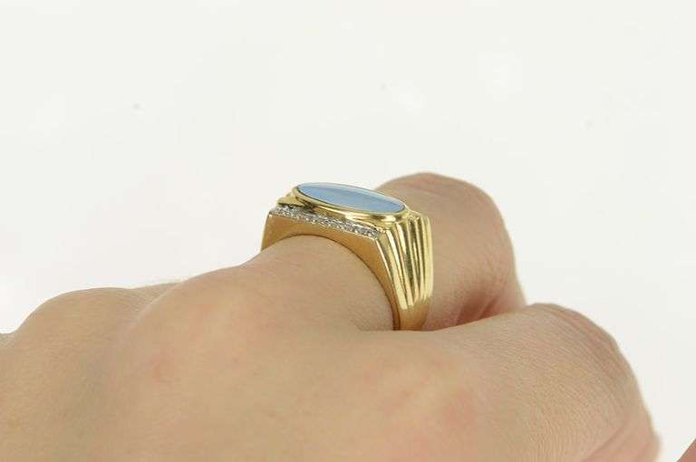 14K Yellow Gold Oval Opal Diamond Squared Vintage Statement Ring