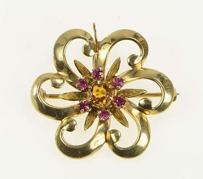 10K Yellow Gold 1950's Ornate Syn. Ruby & Citrine Flower Pendant/Pin