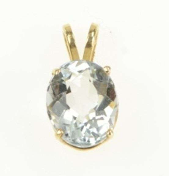 14K Yellow Gold Oval Blue Topaz Vintage Solitaire Statement Pendant