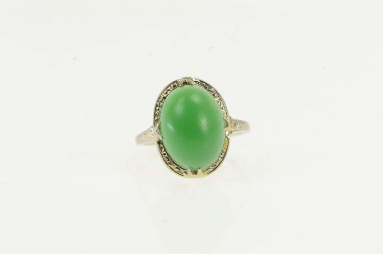 10K White Gold Art Deco Vintage Nephrite Cabochon Statement Ring