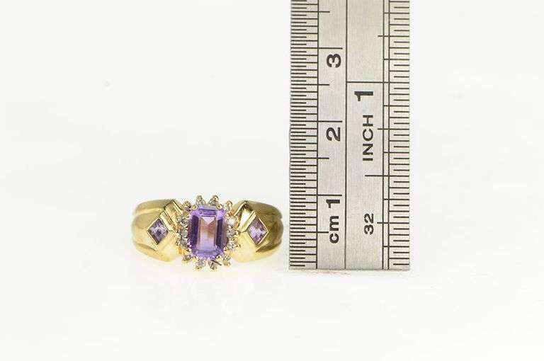 10K Yellow Gold Emerald Cut Amethyst Diamond Halo Vintage Ring