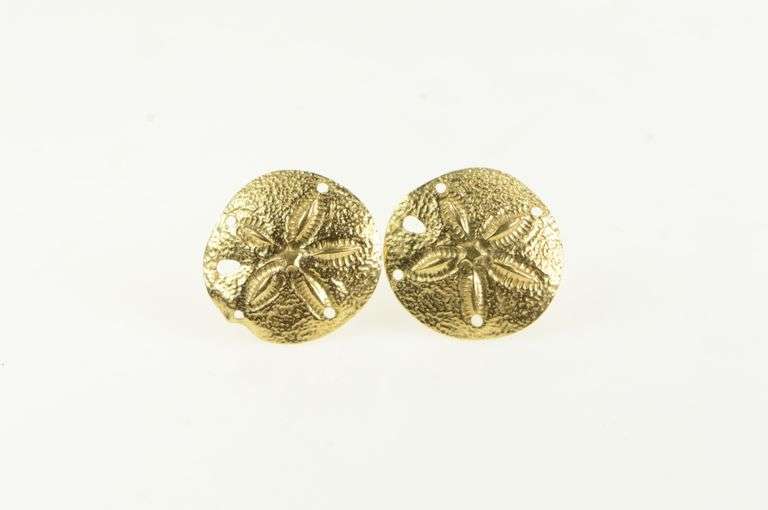 14K Yellow Gold High Relief Sand Dollar Sea Shell Stud Earrings