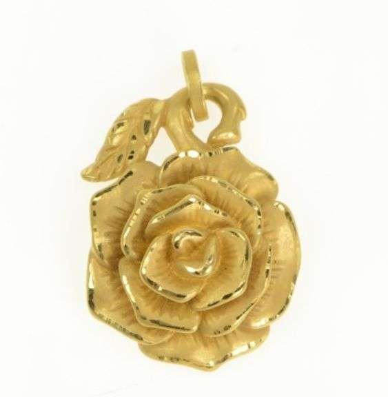 14K Yellow Gold Ornate Puffy Rose Flower Statement Pendant