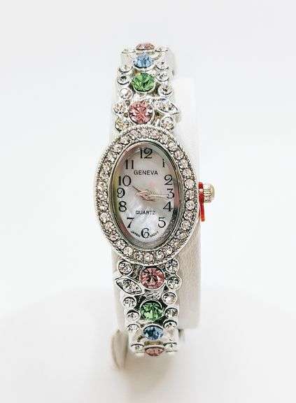 Ladies Geneva & Gemstone Watch, 18kt White GP Cuff