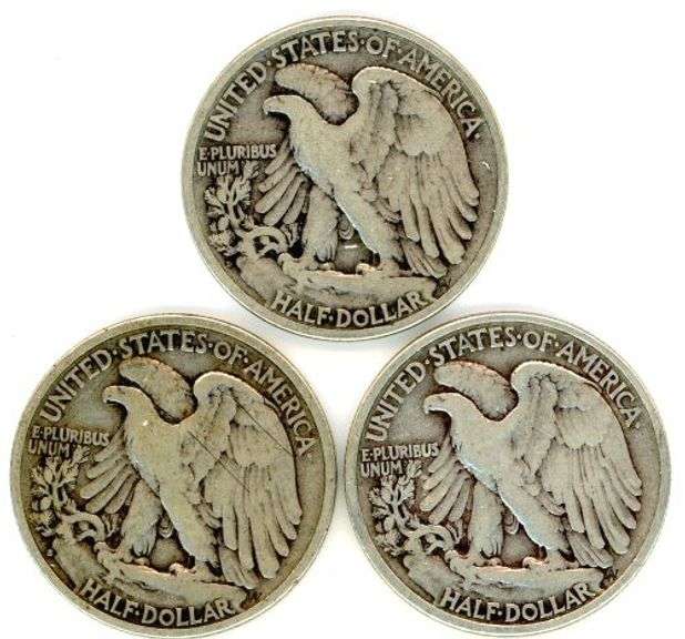3 Different Walking Liberty Half Dollars: 1929-D, 1934-S, & 1938