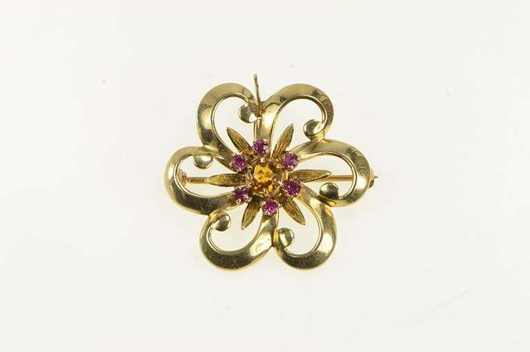 10K Yellow Gold 1950's Ornate Syn. Ruby & Citrine Flower Pendant/Pin