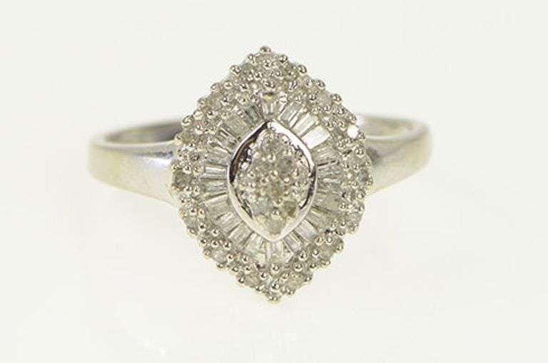 10K White Gold Baguette Diamond Halo Engagement Promise Ring