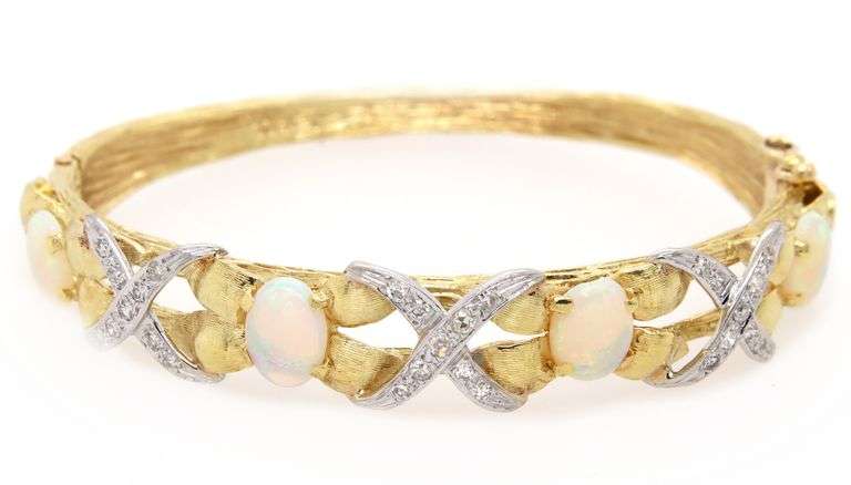Oval Opal and 0.40ctw Diamond X Bangle Bracelet in 18K
