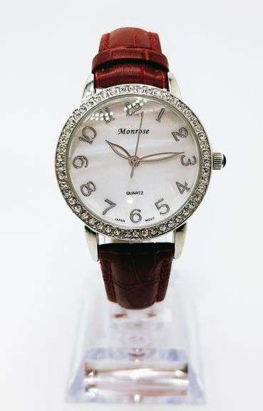 Beautiful Mother of Pearl & Gemstone Watch-Red Genuine Leather Band
